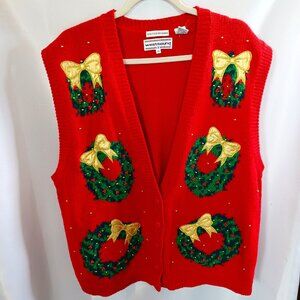 Christmas Wreath Sweater Vest Ladies Size 2X Westbound Long V-neck Buttons